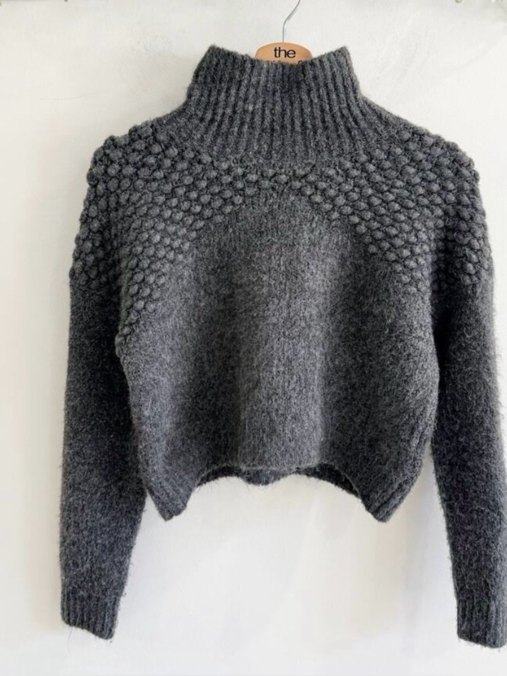Free People Bradley Pullover Mock Neck Sweater Charcoal Gray Textured Knit Small